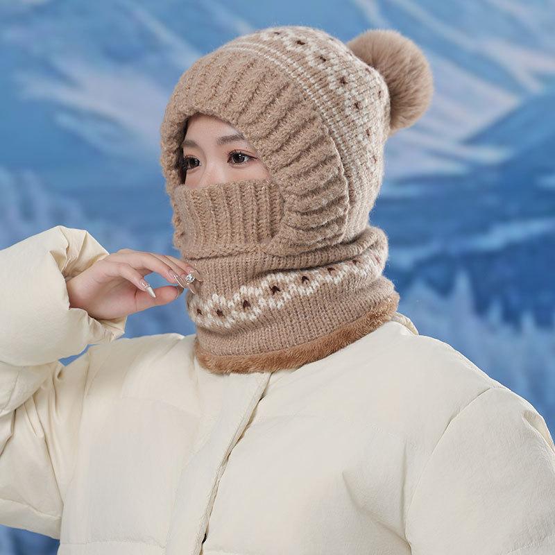 Love Jacquard Warm One-piece Hat Women's Winter Plush Pullover Ear Protection Plush Line Scarf One-piece Hat