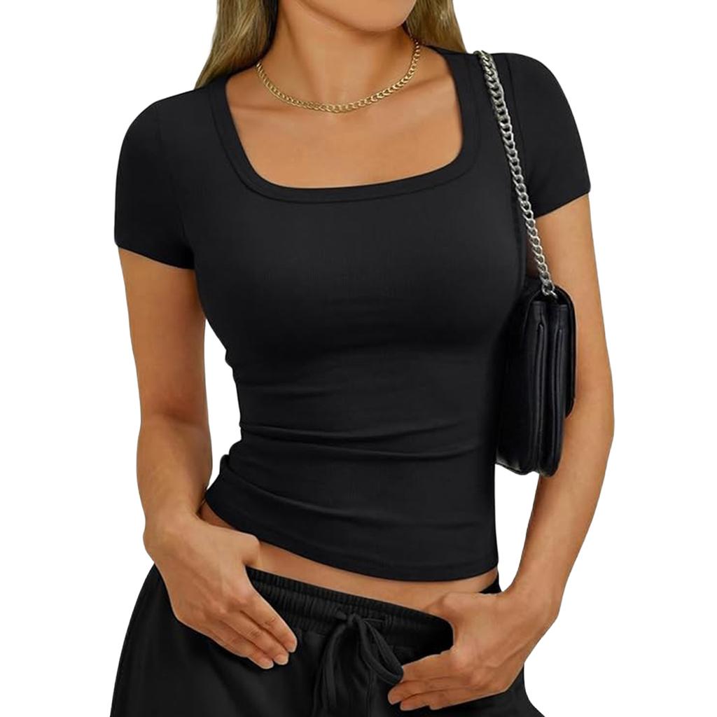 Dámske módne základné štvorcový výstrih krátky rukáv tričko top