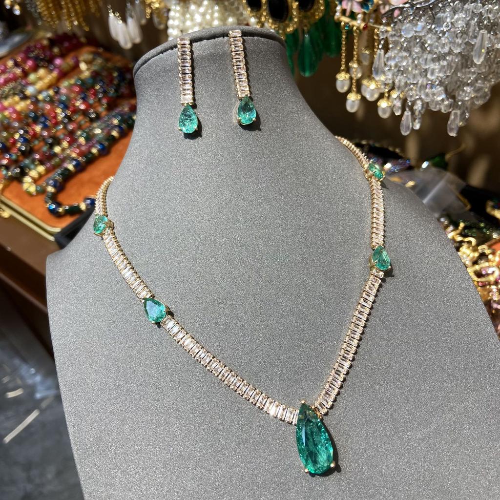 Hole Blue Water Drop Necklace Zircon Luxury Fashion Women'S Necklace Earrings Set Jewelry
