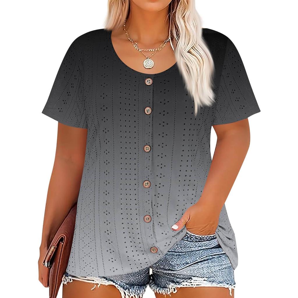 Plus Size Women's Fashion Casual Vintage Printed O-Neck Short Sleeve Button T-Shirt Top