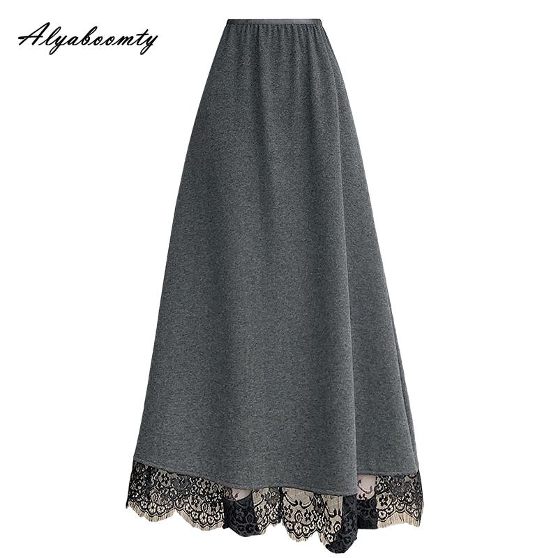 

Korean Fashion Autumn Winter Women Midi Skirt Elastic Waist Black Gray Woolen Skirt With Lace Wool Elegant Fleece Warm Feminine Skirts One Size сірий
