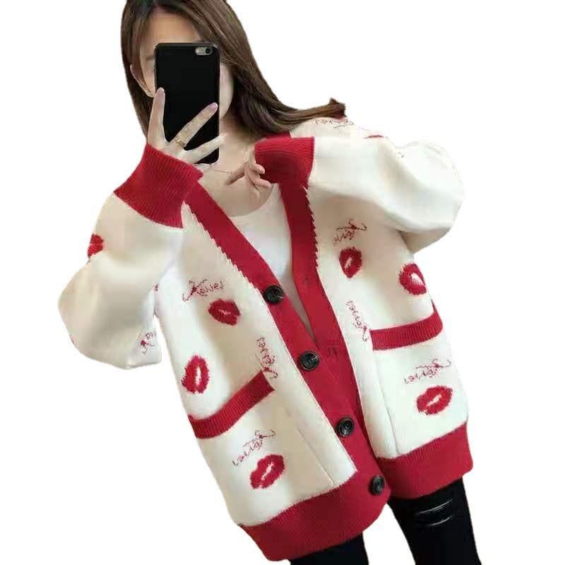 Sweater Jacket Women's Cardigan New Embroidered Lip Print Knitted Sweater Autumn and Winter Versatile Very Hot Top