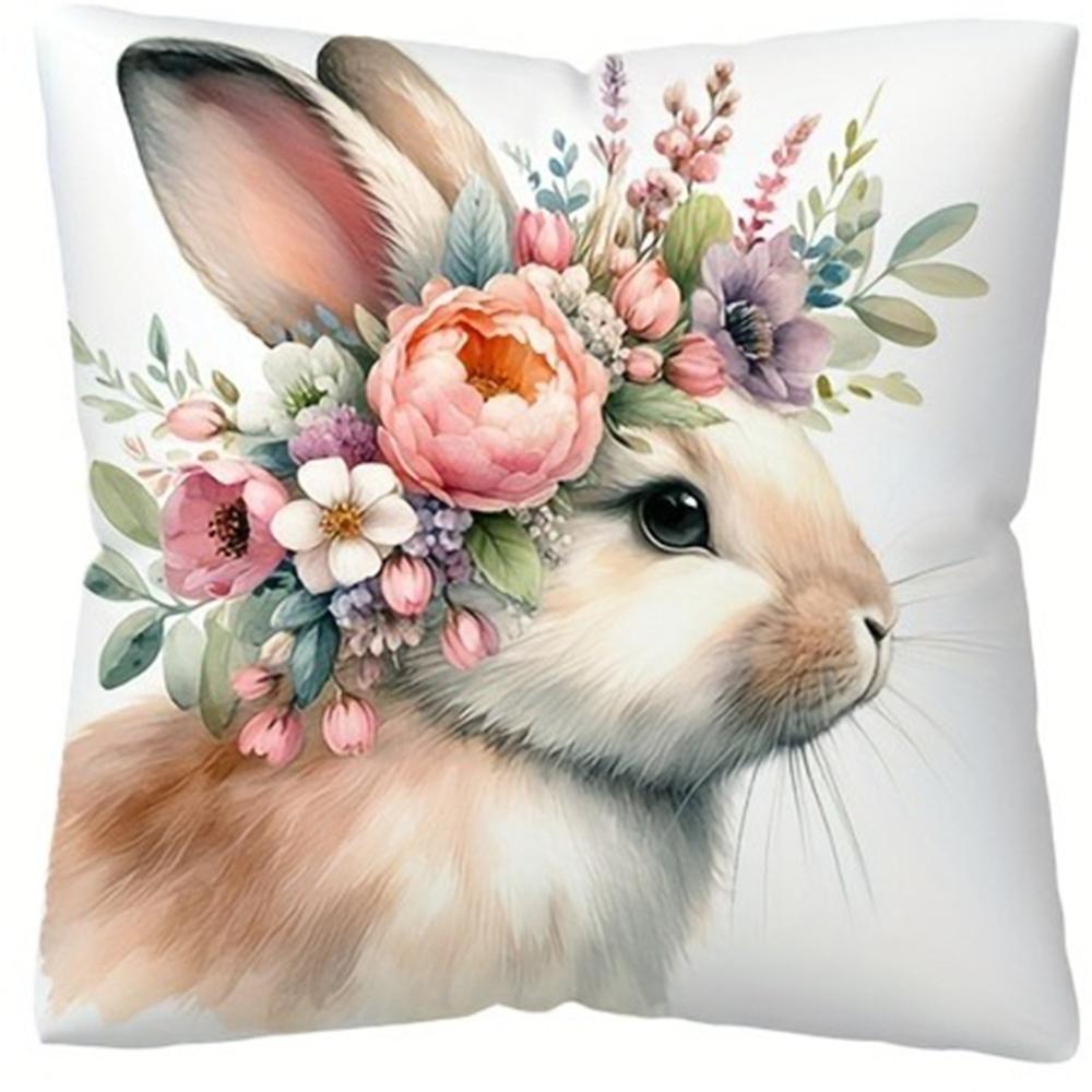 Easter Decoration Pillow Cover Home Farmhouse Decoration Gift Rabbit Flower Print Pillowcase Sofa Cushion Cover Short Plush Mate