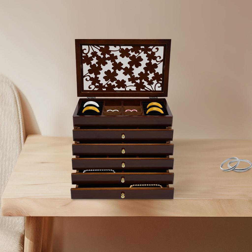 6-Tier Jewelry Organizer Box -- Vintage Retro Rectangle Design - Wooden Finish Jewelry Storage Case - Jewelry Display Organizer