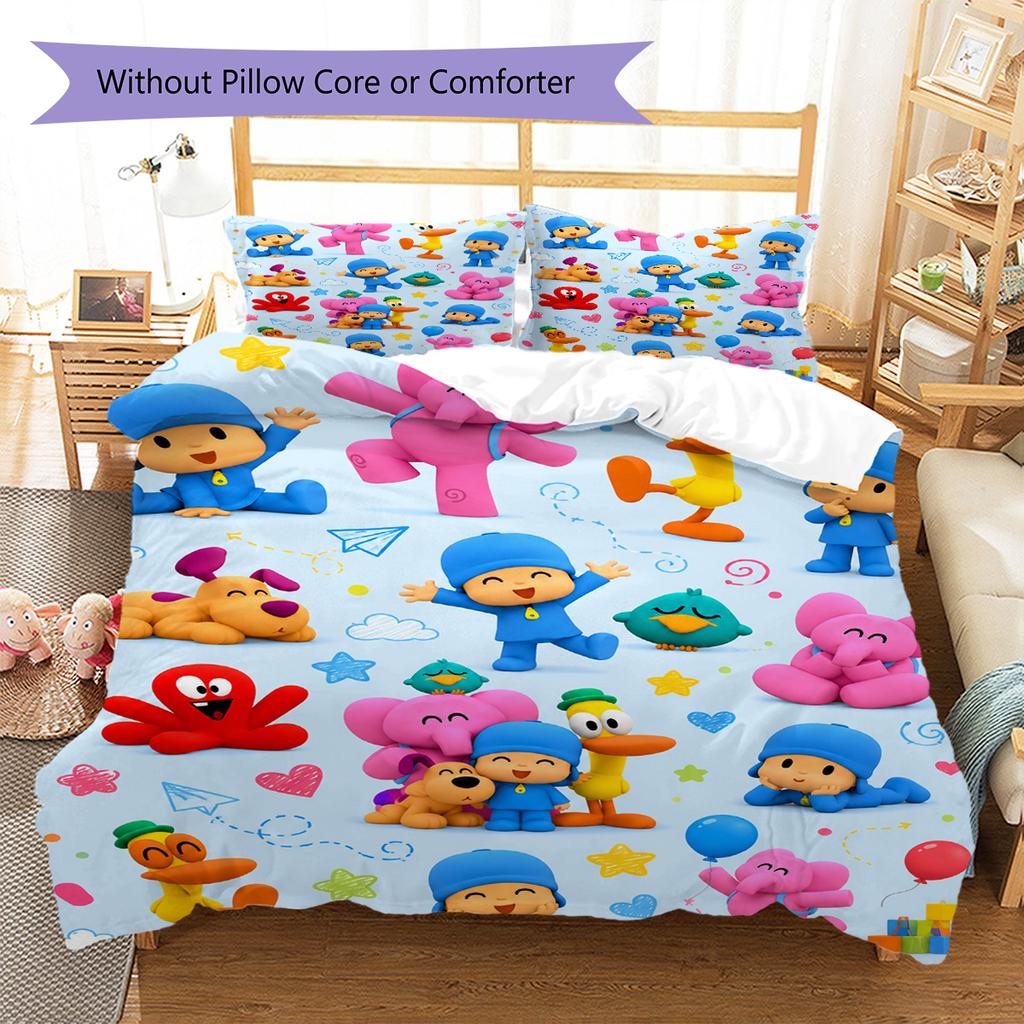 Pocoyo Cartoon Muster Bettwäsche Set Bettbezug Kissenbezug Heimdeko Geschenk (1 Bettbezug + 2 Kissenbezüge, ohne Füllung)