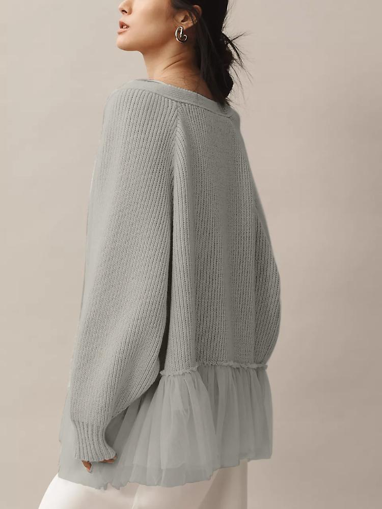 

Мятно-зеленый вязаный свитер с V-образным вырезом и многослойной оборкой из тюля по подолу XL серый