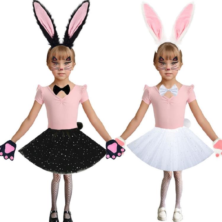 Women Girls Rabbit Ears Headband Collar Bowtie Cuff Bunnies Tail Easter Bunnies Costume Set for Halloween Cosplay Party