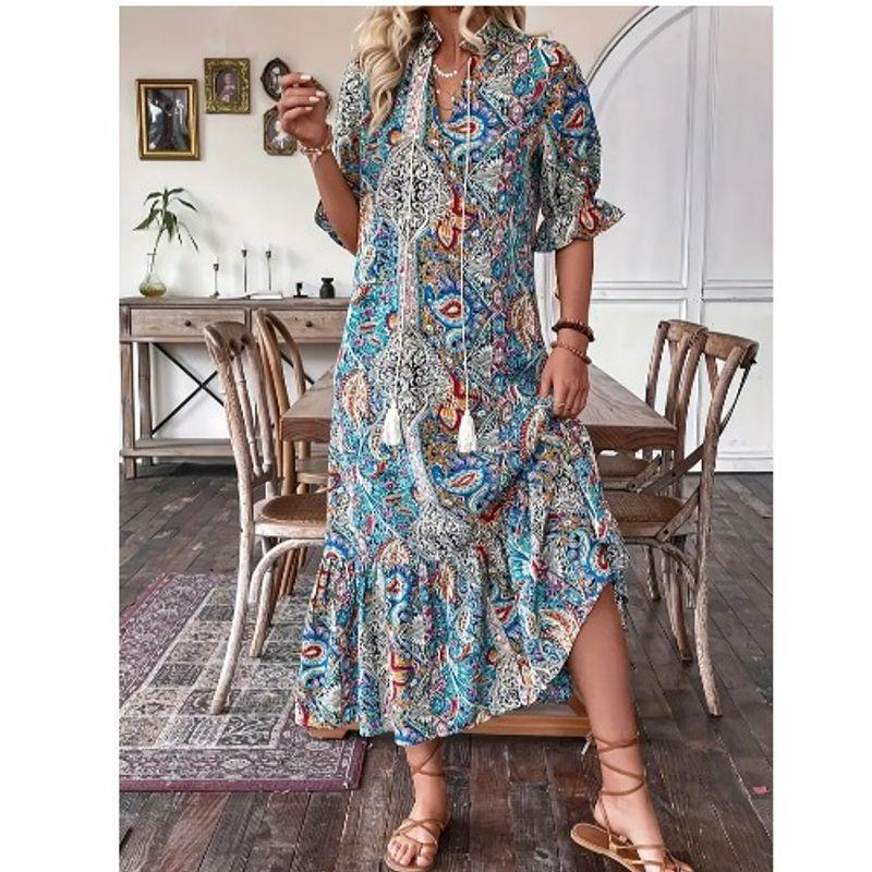 

Bohemia Summer New Arrival Fashion V-neck Lace-up Floral Ruffles Half Sleeve Dress Vacation Dress Dress Blue XL