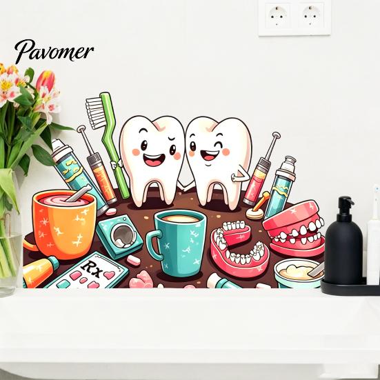 Cute Tooth Wall Decals Cartoon Smiling Teeth Decals, Dental Tools Self-Adhesive Stickers, Funny Easy Peel Stick Art for Kids Bedroom Clinic