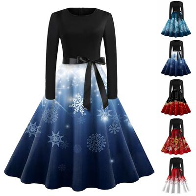 Women's Vintage Classic Dress Neck Waist Bow Tie Long Sleeves Christmas Printed Round Neck Swing Dress