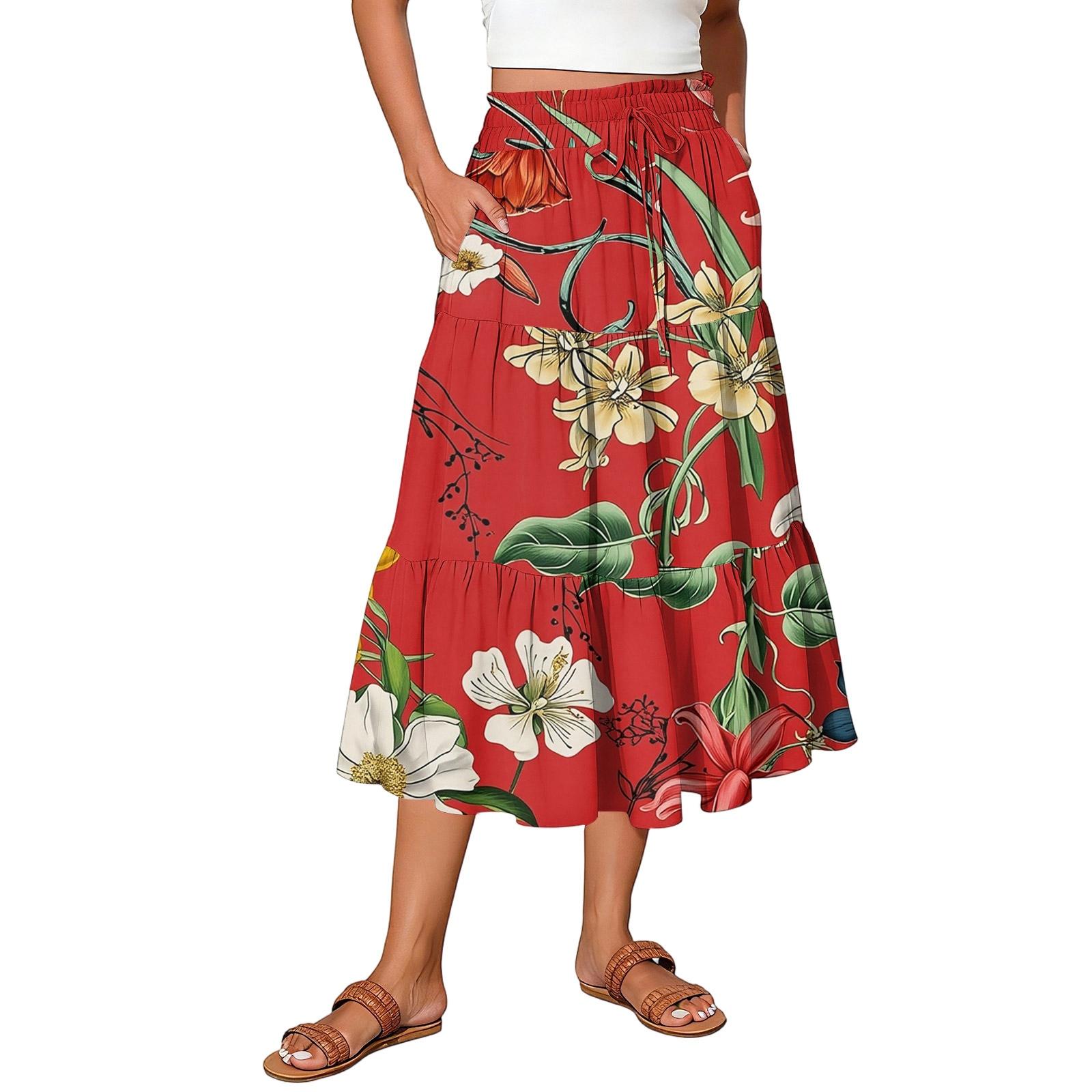 

Жіноча максі-спідниця на кулісці з високою посадкою, літня довга спідниця, легка ярусна спідниця, що струмує, з квітковим принтом, плісирована спідниця XL червоний