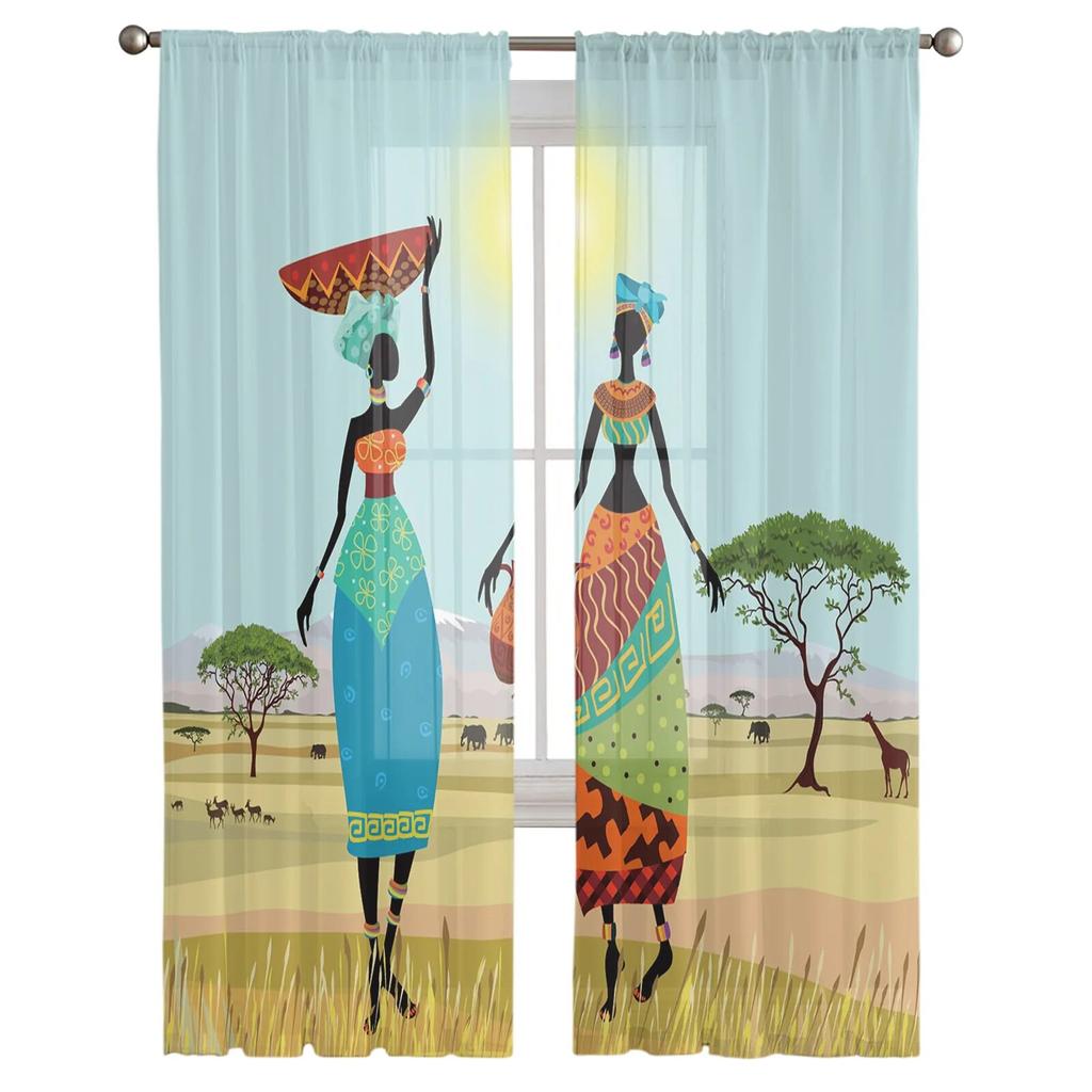 Afrikanische Frauen Ethnische Giraffe Elefant Tüll Vorhänge Für Wohnzimmer Chiffon Voile Sheer Fenster Vorhang Für Schlafzimmer