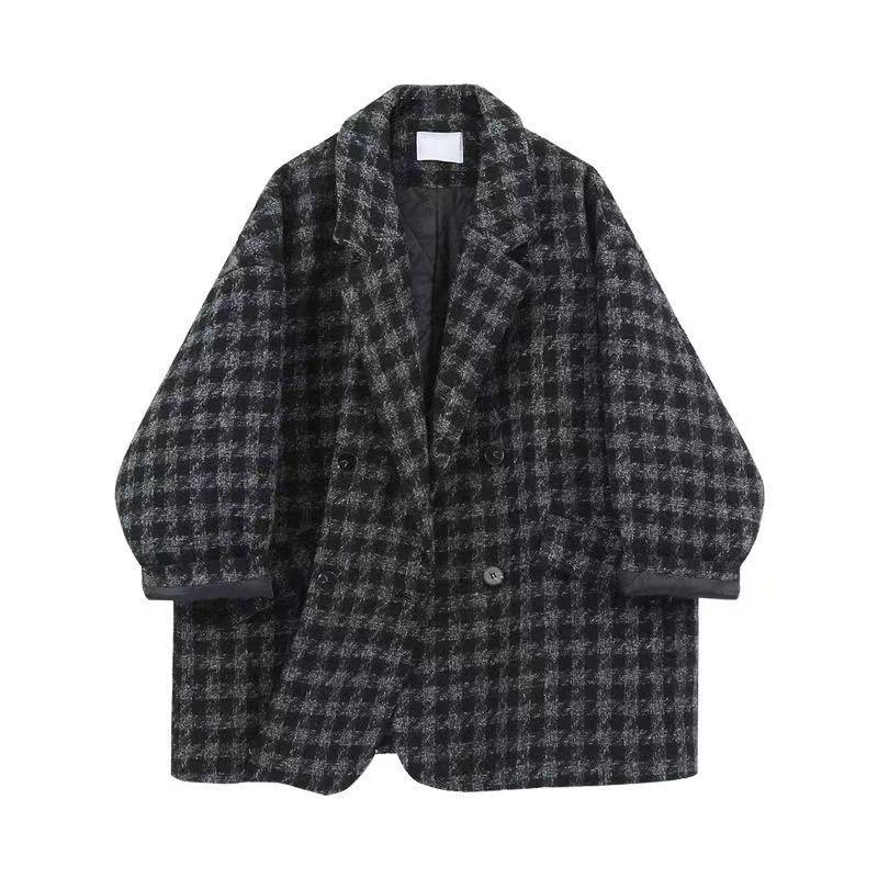 2025 Autumn/Winter Plus Size Women's Plaid Wool Coat - Loose Slim Fit, Mid-Length, Thickened