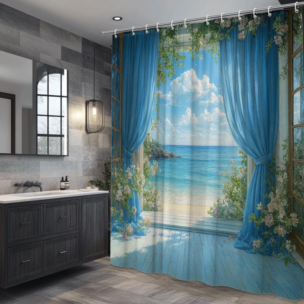 Ocean View Window Shower Curtain Blue Curtains And Flowering Vines Beach Scene Coastal Bathroom Decor Waterproof Non-Toxic