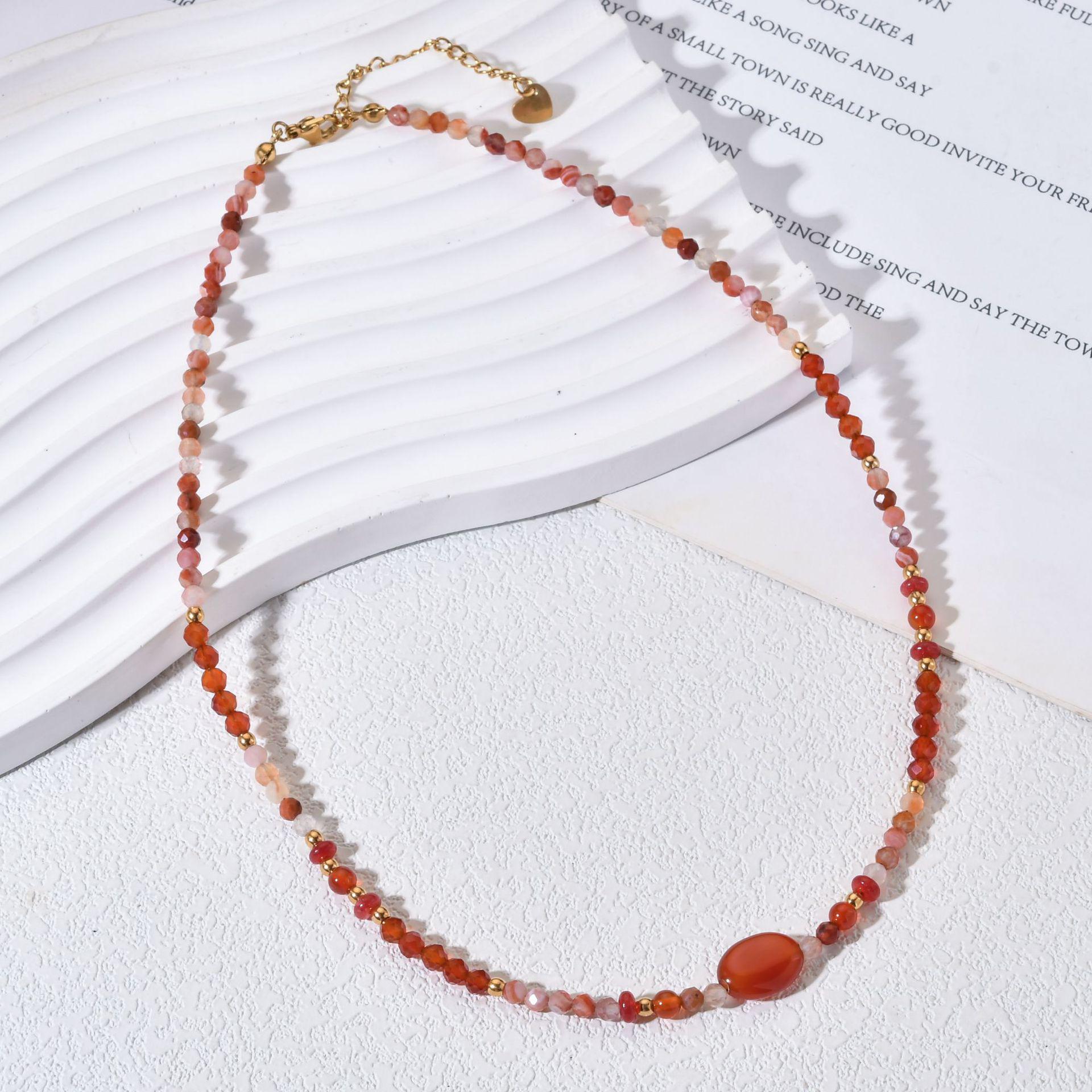 Niche Retro Red Stone Beaded Necklace with Tiger Eye Pendant and Stainless Steel Clavicle Chain for Women