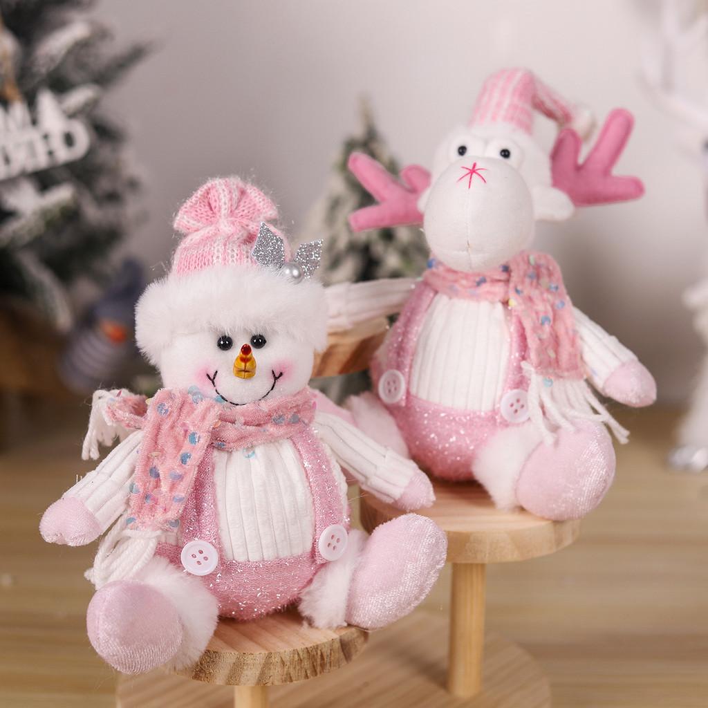 Adorable Pink Snowman And Reindeer Plush Figurines For Christmas Holiday Decor