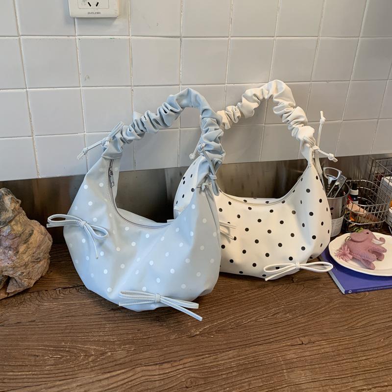 Small-scale Pleated Bow Handbag for Commuting, Single-shoulder Bag, Fashionable Polka Dot Crossbody Bag