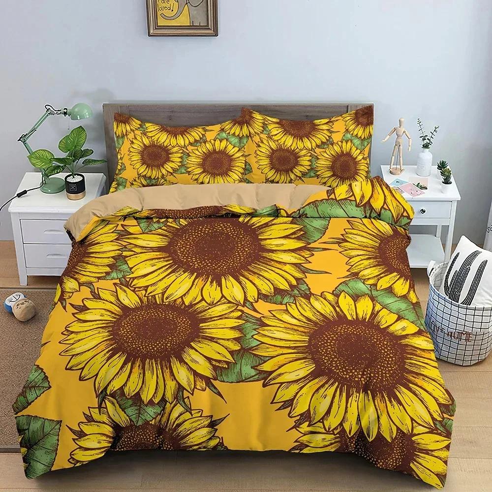 Sonnenblumen Bettbezug Florales Bettwäscheset 3D-gedruckte Bettdeckenbezüge mit Kissenbezug Einzelbett Doppelbettgröße Heimtextil