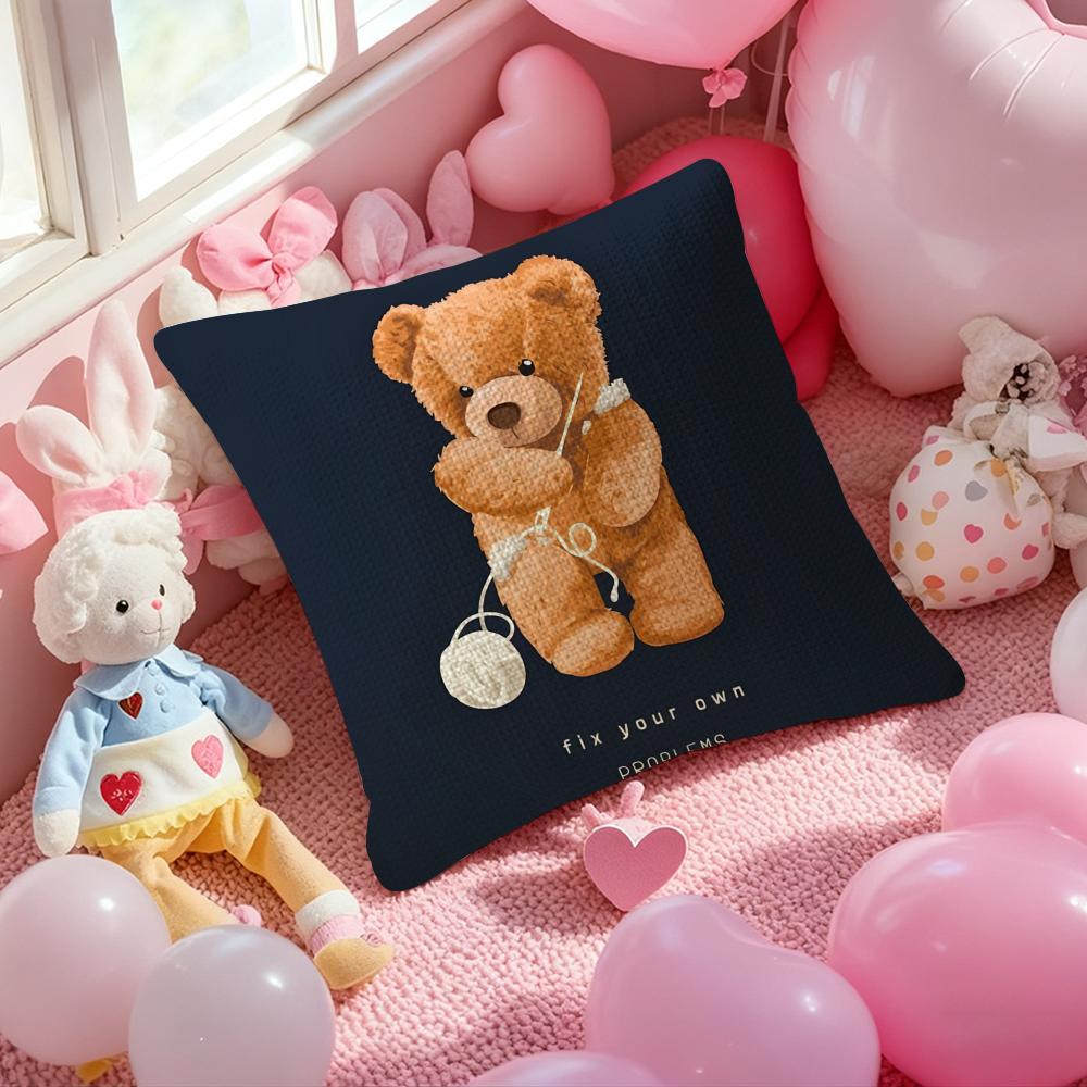 Childish-Hearted Friends Teddy Bear-B Pillow Case Anti-Dustmite Pillowcase Invisible Zipper Silky Short Plush Sofa Cushion Cover