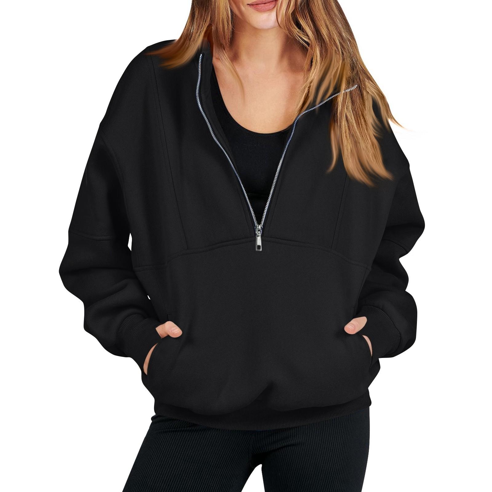 

Женская модная однотонная повседневная толстовка с длинными рукавами и карманом на молнии S чёрный