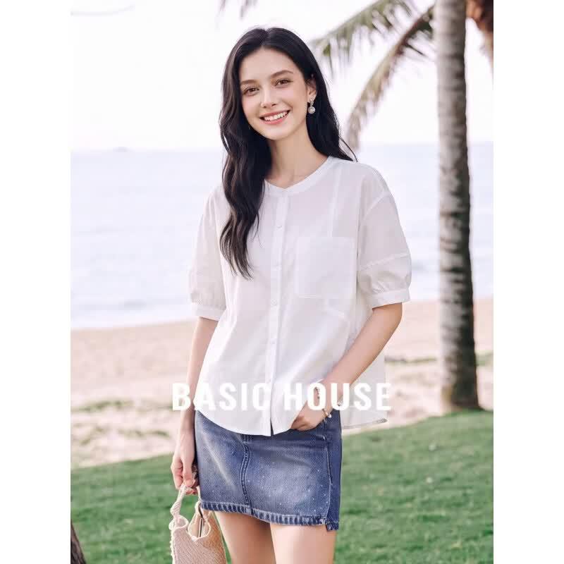 Basic House Women s Round Neck Lantern Sleeve Shirt M
