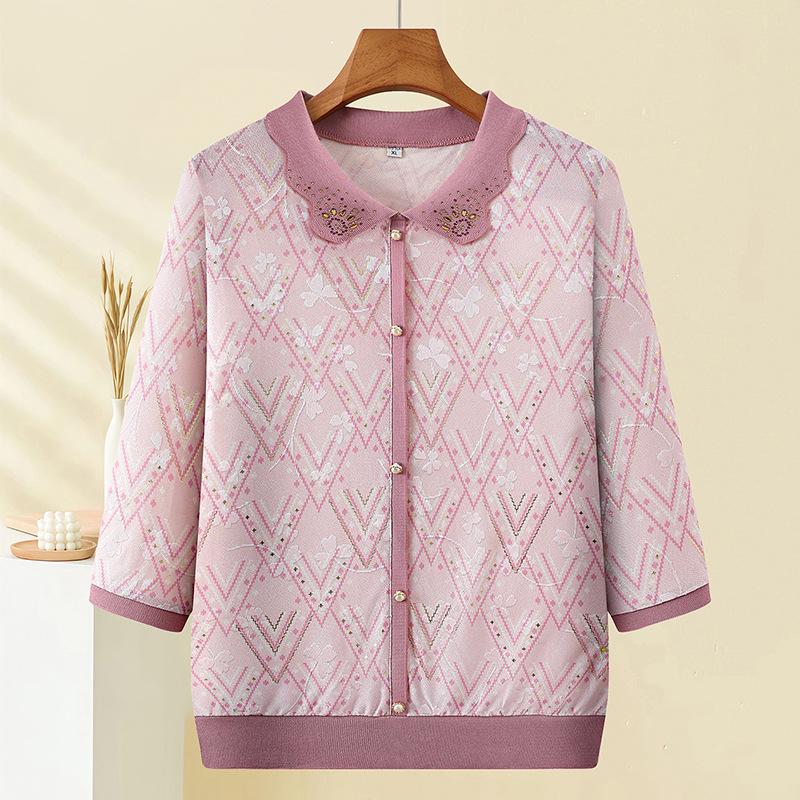 

Women s Summer Lapel T-Shirt: Loose, Knitted Short Sleeve Top for Middle-Aged and Elderly 3XL розовый