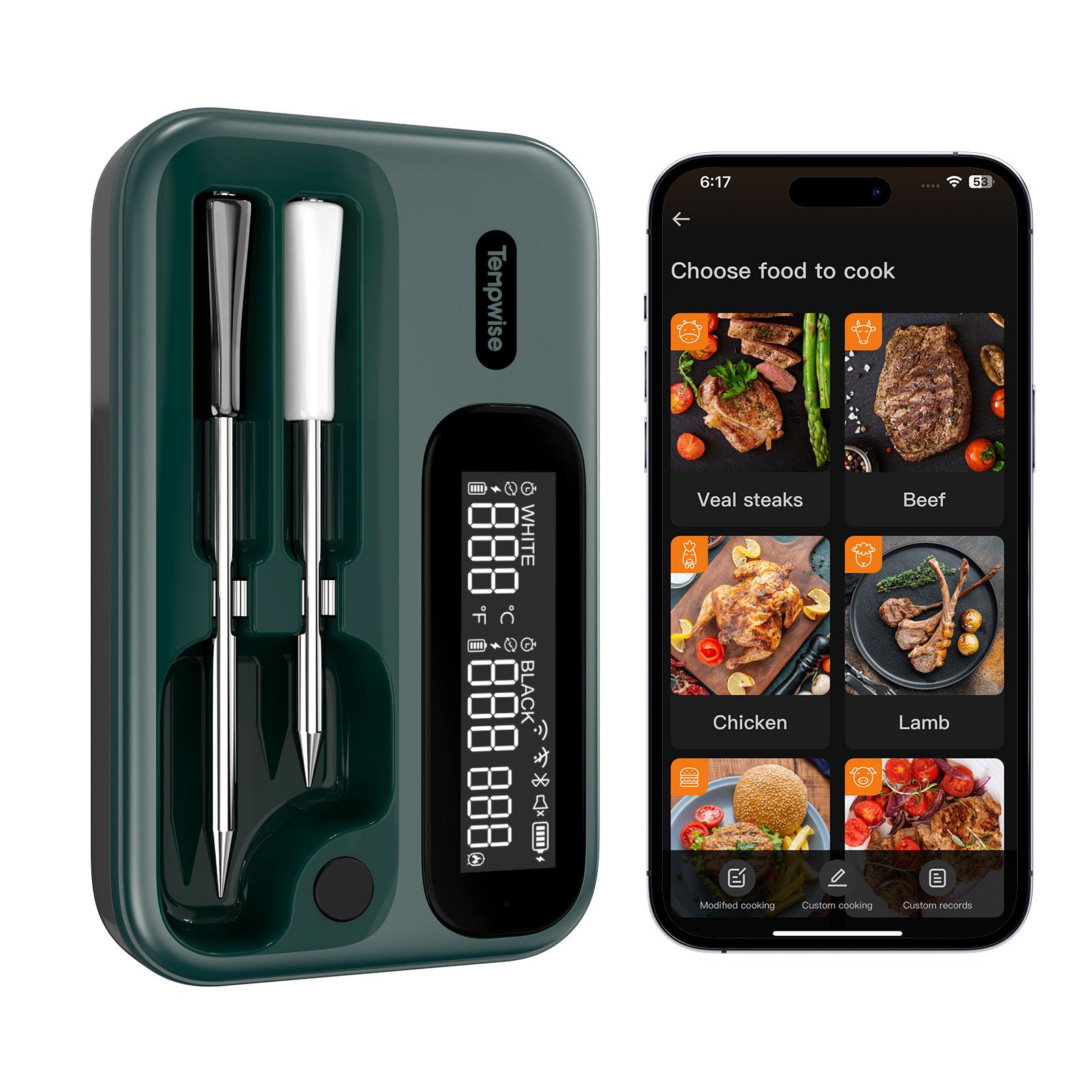 

Tempwise Wireless Meat Thermometer 2.4G WiFi and Bluetooth 5.4 Household BBQ Thermometer with Long and Short Probes for Cooking TNT-2BW