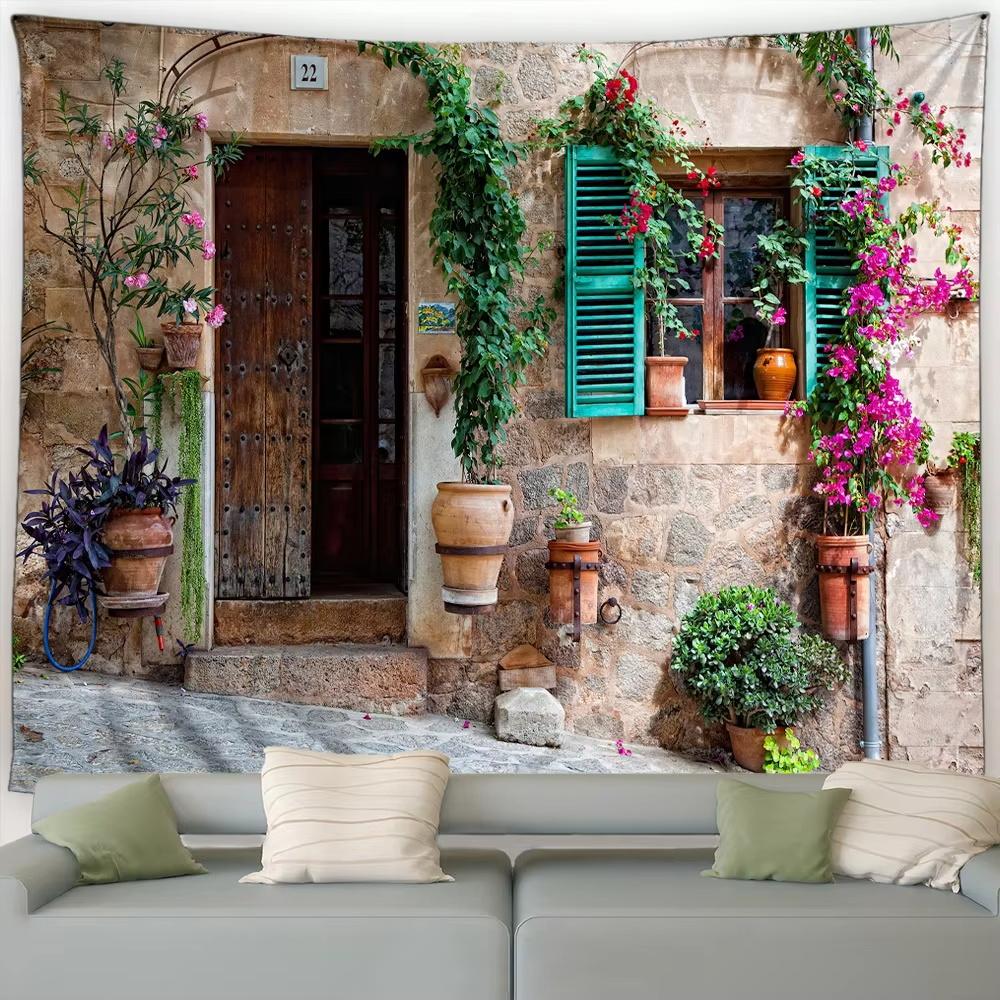 Street Flower Scenery Tapestry Vintage Blue Wooden Door Floral Plants Nature Landscape Home Garden Decor Wall Hanging Picnic Mat