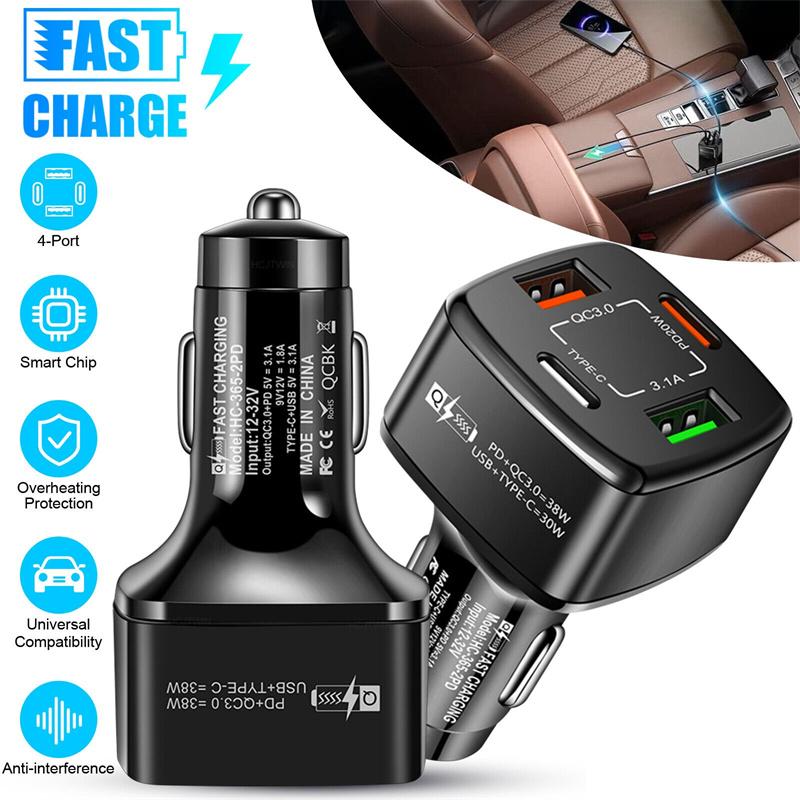 Usb Type-C Pd 38W Car Charger Led Display 4 Ports Quick Charge 3.0 Fast Charging Phone Adapter For Iphone 15 14 Samsung Xiaomi