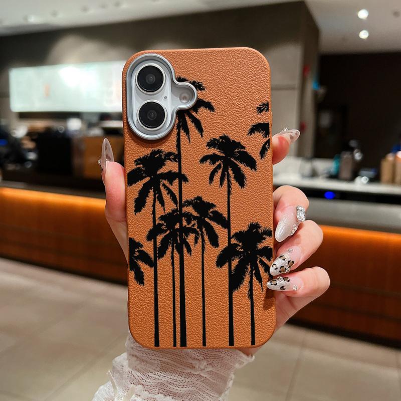Schwarze Kokosnussbaum-Print-dünne, stoßfeste, weiche TPU-Telefonhülle für iPhone 16 Pro Max 15 Pro 14 13 12 11 Linsenschutzhülle aus mattem Leder