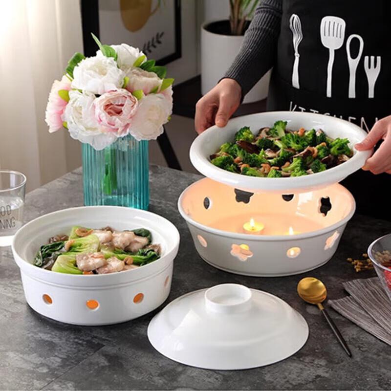 Hui Huang 14-Inch Round Ceramic Candle-Heated Food Warmer (Set of 2)