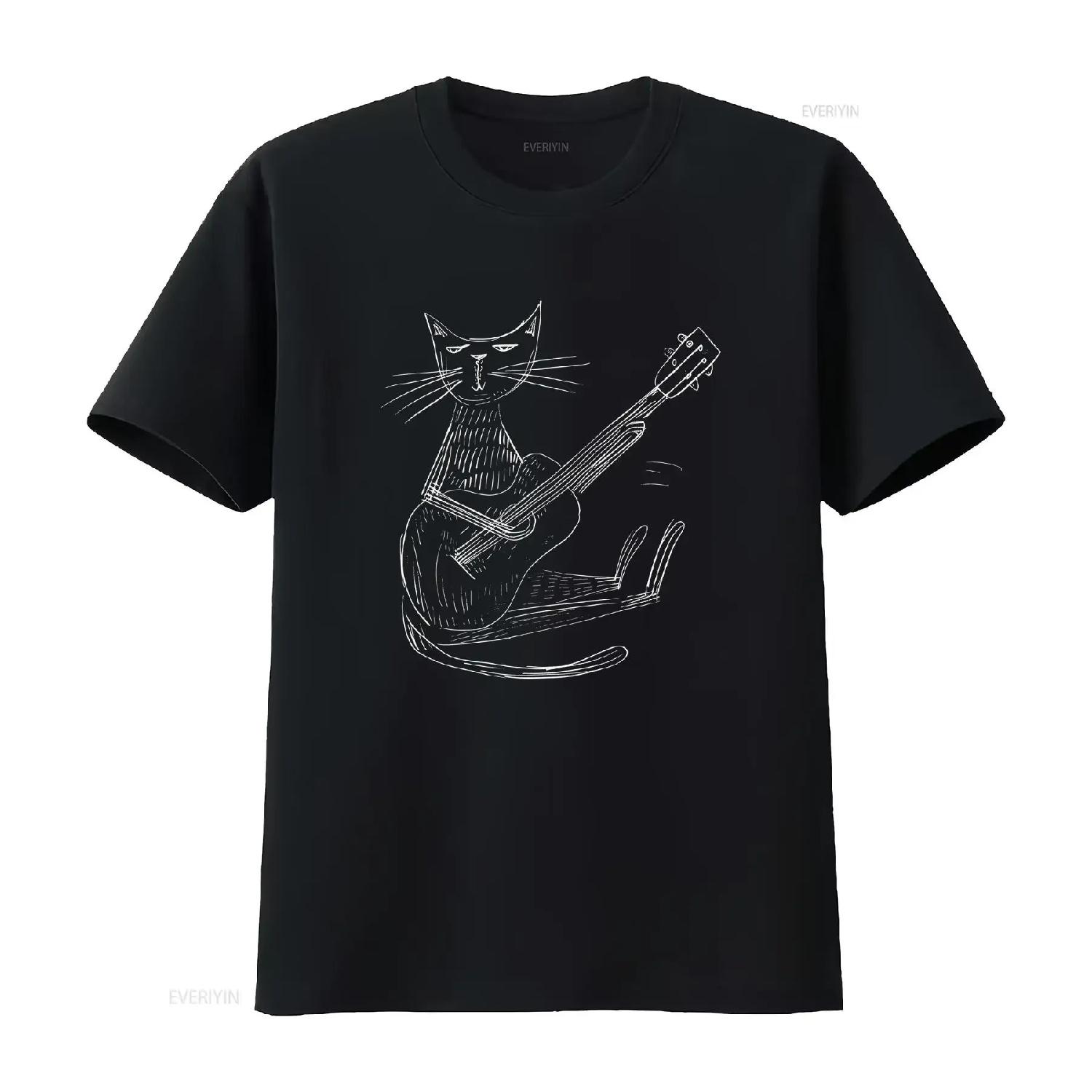 

Cool Cat Playing Guitar T Shirt Music Lover Hand Drawn Art vintage Washed designer clothes Soft Top For Everyday Wear XXXXXL чорний