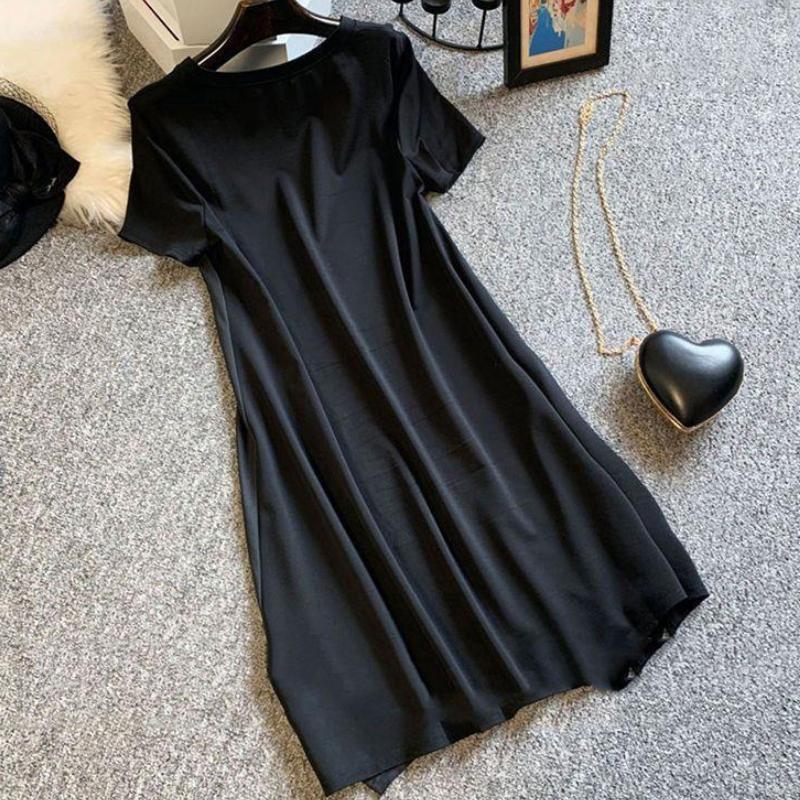 Damen Plus Size A-Linie Lockeres Kleid Schwarzes Langes T-Shirt Kleid Seidig Bequem