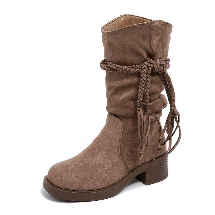 Thick heel retro wasteland fringed knight boots women but knee long tube thin pile medium tube boots tall boots