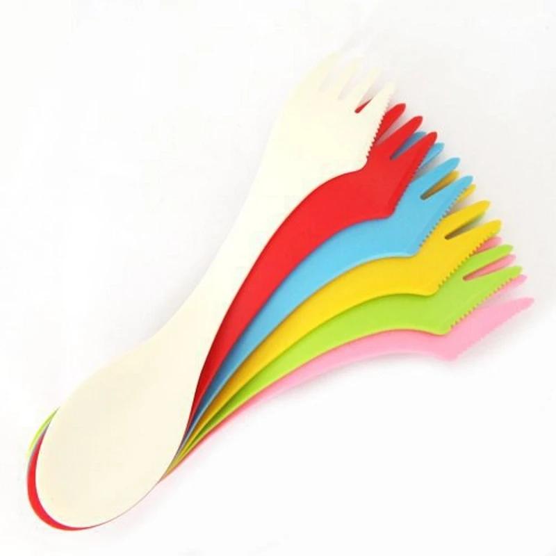 6 Stück 3-in-1 Messer Gabel Löffel Tragbares Outdoor-Geschirr Kinderlöffel Reise-Set Essenswerkzeug Wander-Camping-Geschirr Schnittverletzungen vermeiden