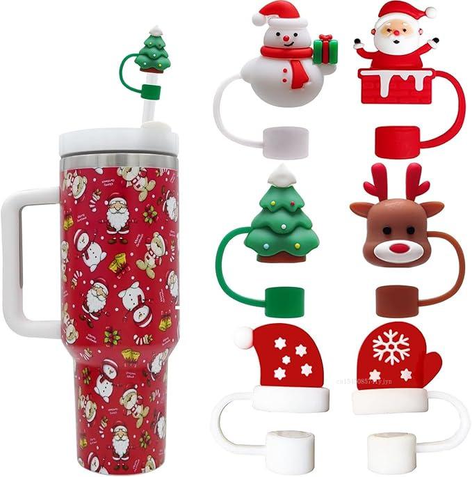 Christmas New Silicone Straw Cover 10mm Large Diameter Reusable Straw Tips Cartoon Cute Holiday Gift Dust Cap Party Xmas Decor