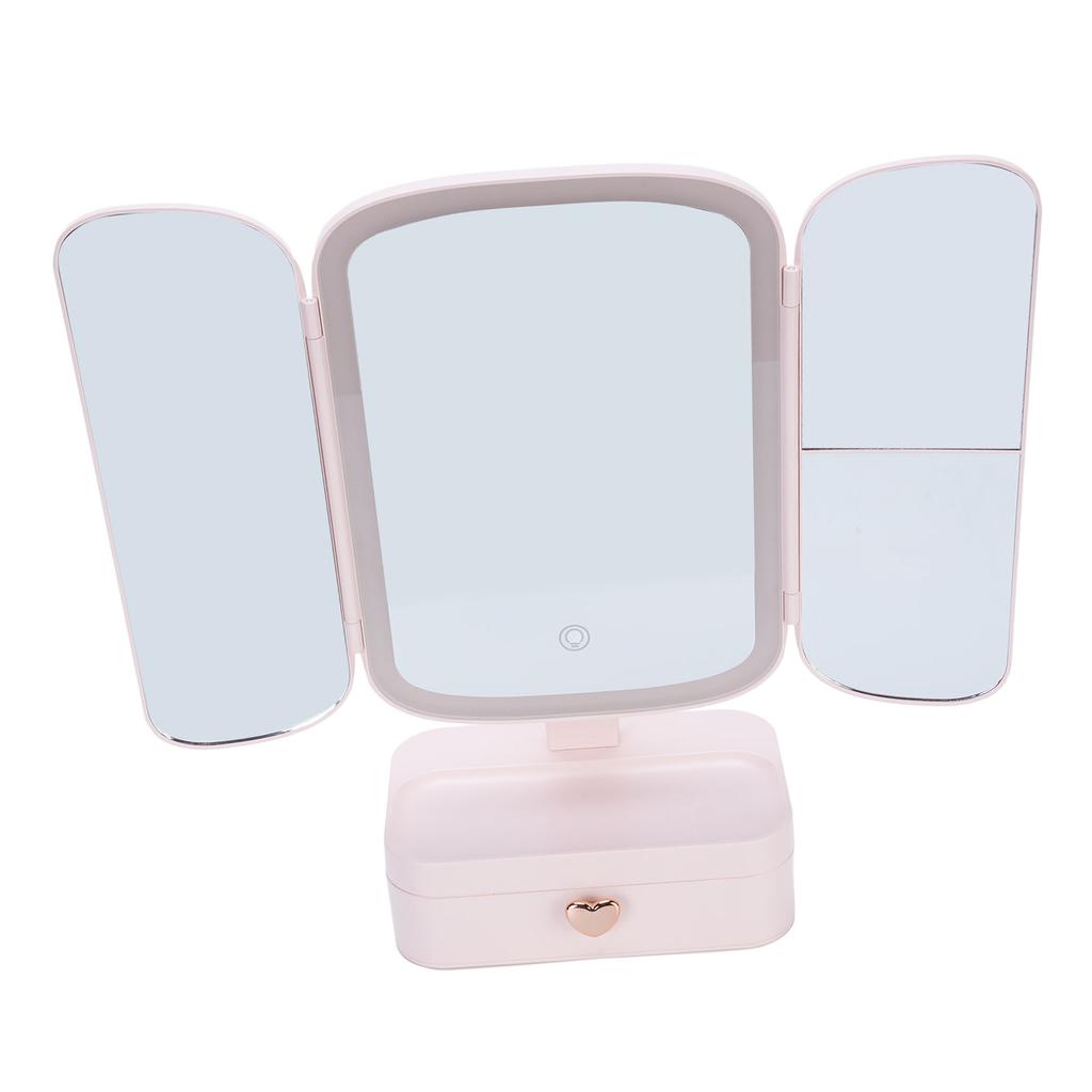 Desktop Lighted Makeup Mirror with Organizer 3 Color Temperature Dimming USB Rechargeable LED Light 