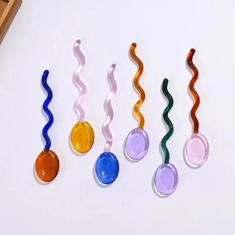 1PC Long Handle Creative Spoons Colorful Transparent Glass Ice Cream Spoon Kitchen Coffee Tea Milk Sugar Mixing Stirring Scoop
