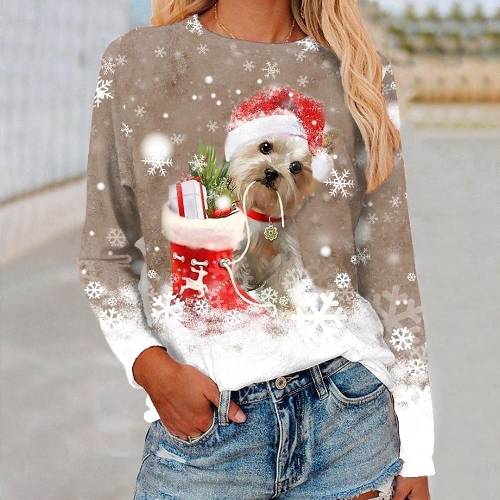 Christmas cute dog 3D printing Women's Long Sleeved T-shirt Christmas Animal Holiday gifts Tops Harajuku Women's Clothing Tops