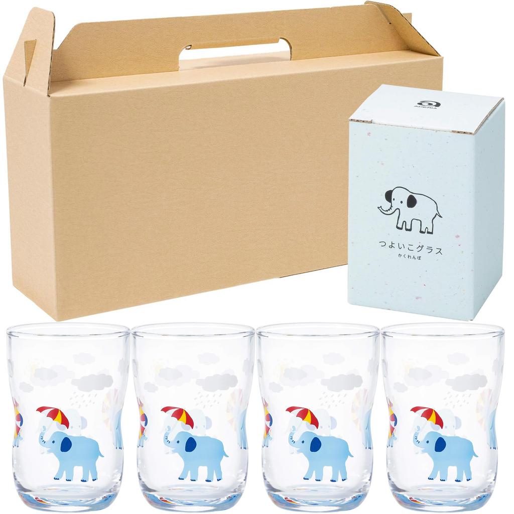 Tsuyoiko Glass M Hide and Seek Elephant Set of 4 In Kraft Box Made In Japan Durable Tableware Reinforced Glass Birthday Gift Present Easy To Hold