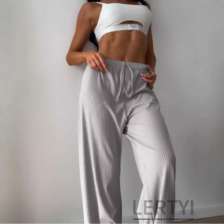 Women's Ribbed Elastic Waistband Casual Wide-Leg Jogging Pants