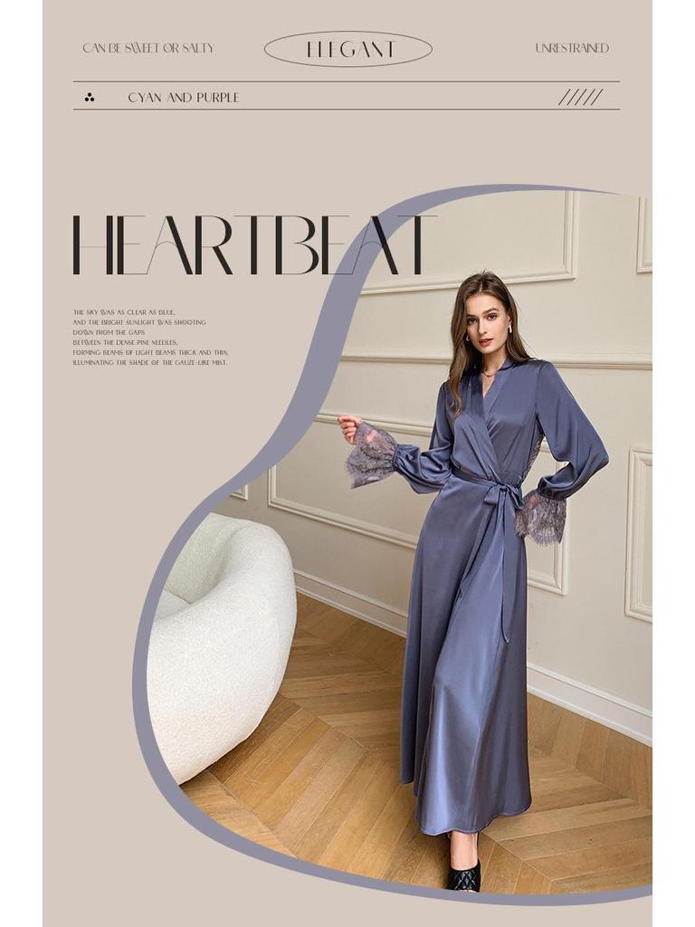 Yaoting Damen Satin Chiffon Nachthemd: Sommer Spitzen-Patchwork, Französisch Elegant, Sexy Rückenfreier Langer Morgenmantel.