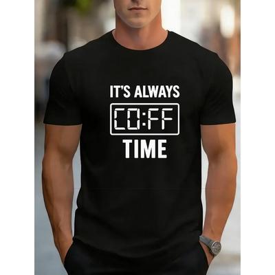 Europäische Größe Kreativer Kaffee-Themen-Slogan-Print, Herrenbekleidung, Streetwear Trend Lässiges Vielseitiges Oberteil, Gemustertes Bedrucktes Rundhals-T-Shirt