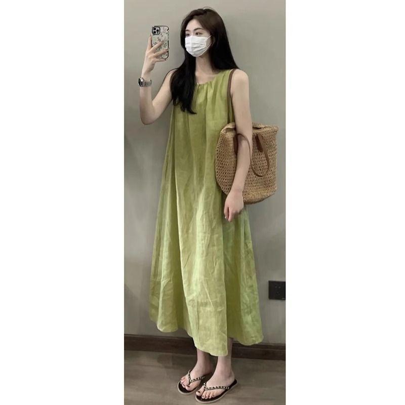 French Green Sleeveless Loose and Thin Drape Vest Dress Summer New Chubby Girl Wear