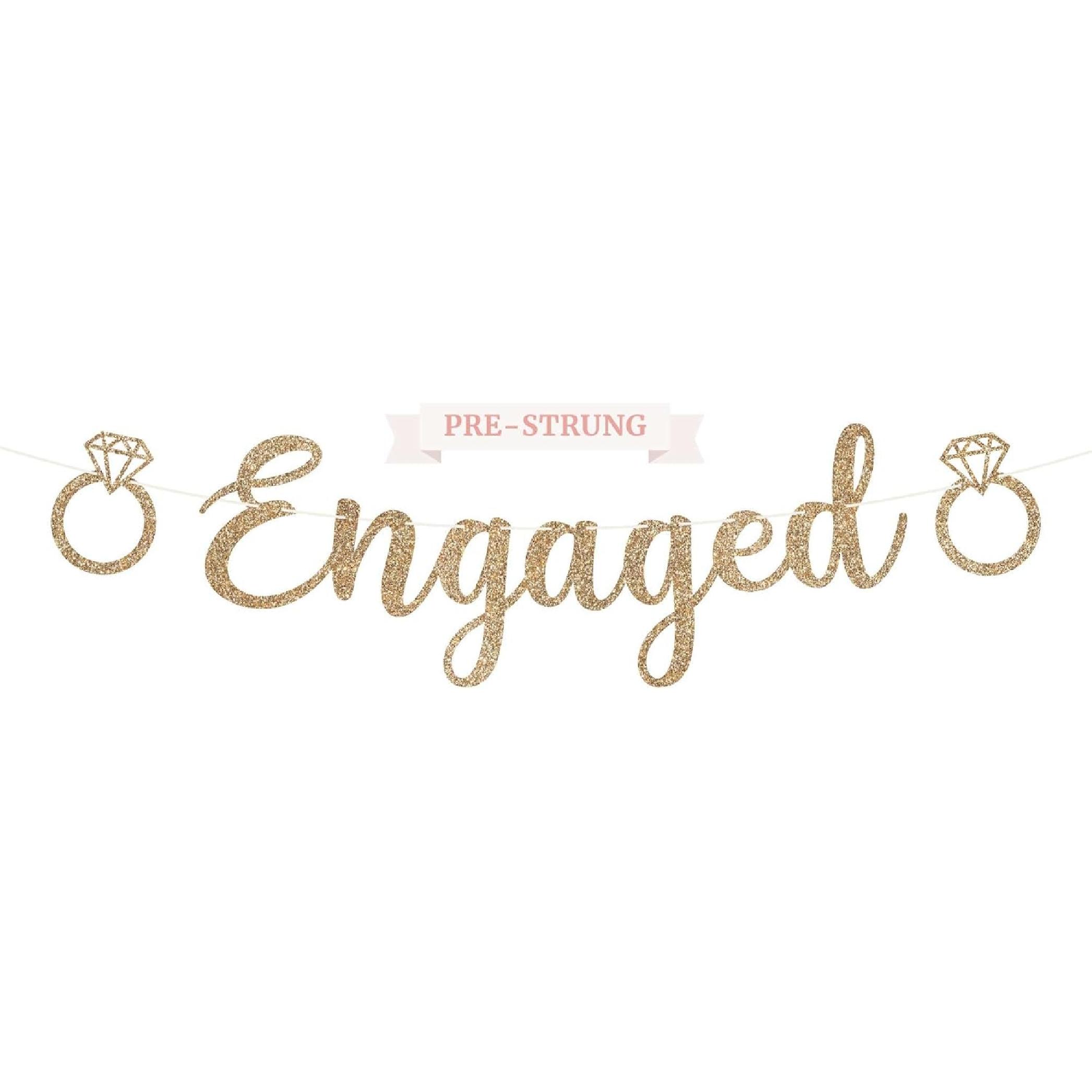 Pre-Strung Engaged Banner - No DIY - Gold Glitter Wedding Engagement Bridal Shower Banner - Pre-Strung on 8 ft Strand - She Said Yes, Bride to Be,