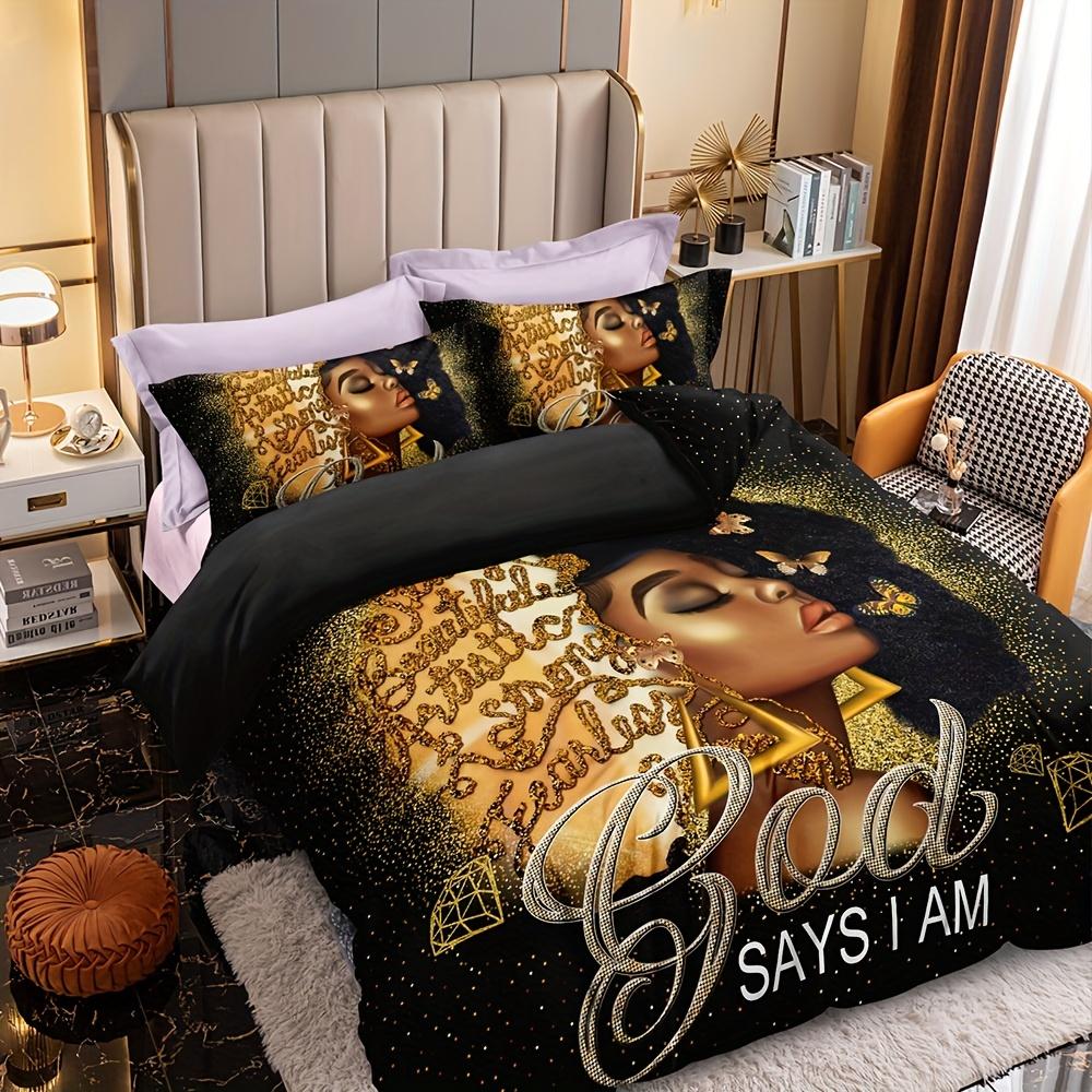 3pcs Duvet Cover Set, Golden Powder Butterfly African American Black Girl Print Bedding Set, Soft Comfortable Duvet Cover