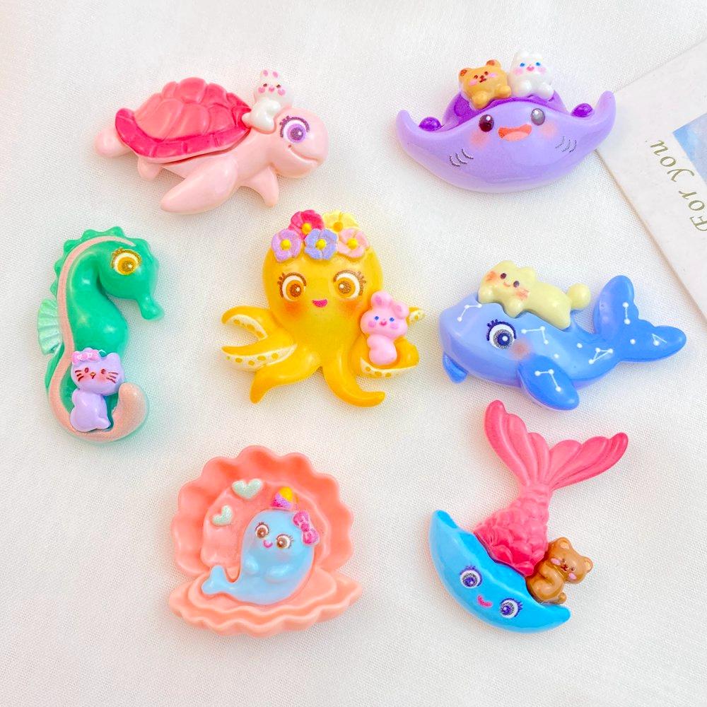 7Pcs New Cute Mini Cartoon Whale, Octopus, Turtle, Seahorse Series Flat Back Ornament Jewelry Bows Accessories