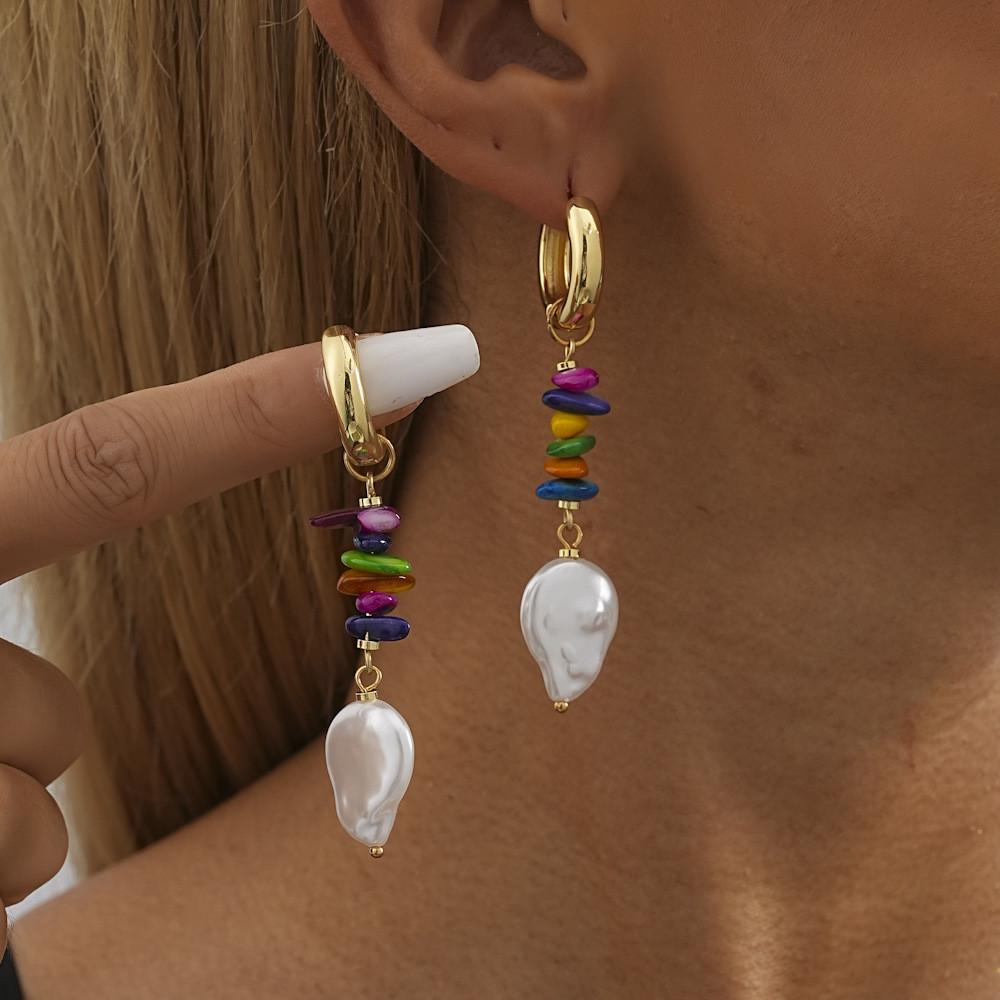 Irregular Shape Fashionable Earrings With Colorful Natural Stones And Faux Pearls