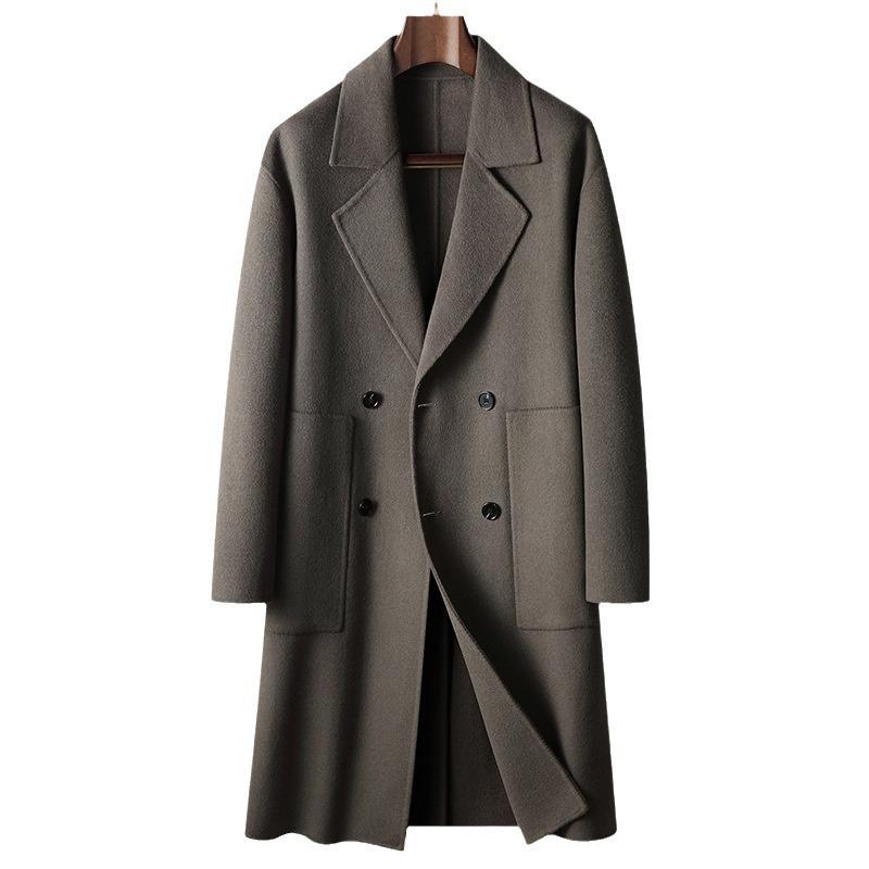 Men's Double-Breasted Drop Shoulder Wool Trench Coat - Wide Fit, 100% Wool, Autumn/Winter Casual Jacket