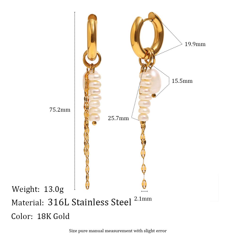 

E.B.belle PVD Plated Gold Color Pearl Tassel Chain Hoop Earrings Stainless Steel Elegant Style Fashion Women Jewelry Wholesales золотой